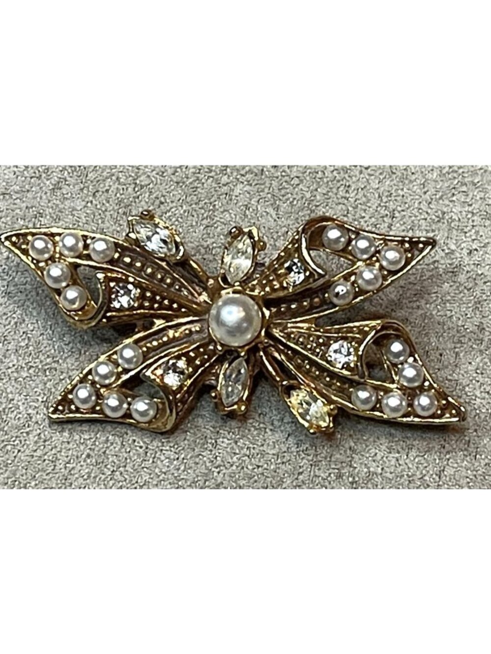 Vintage 70s Ribbon Bow Gold Tone Brooch Faux Pearls Marquise Cut Rhinestones